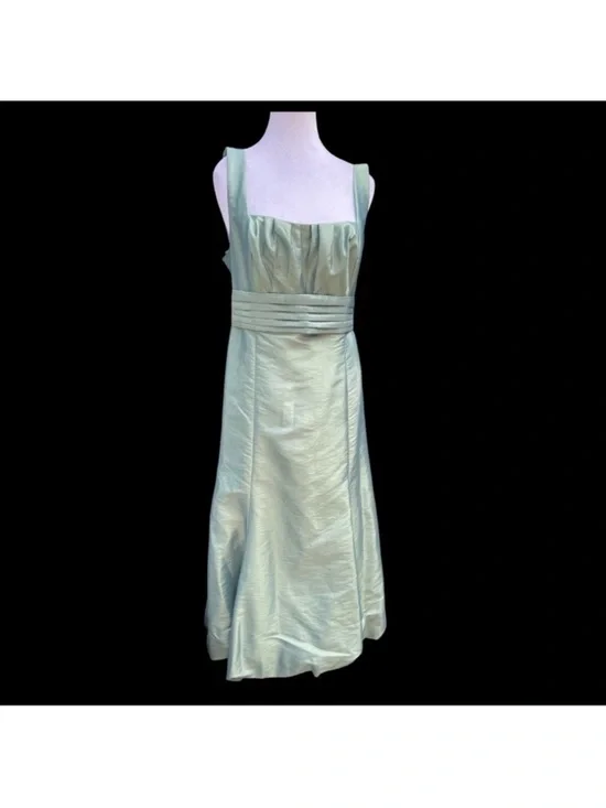 Mint Shimmer Satin Bow Back Midi Dress Vacation Resort Wedding Guest A-Line 12 - Picture 3 of 8